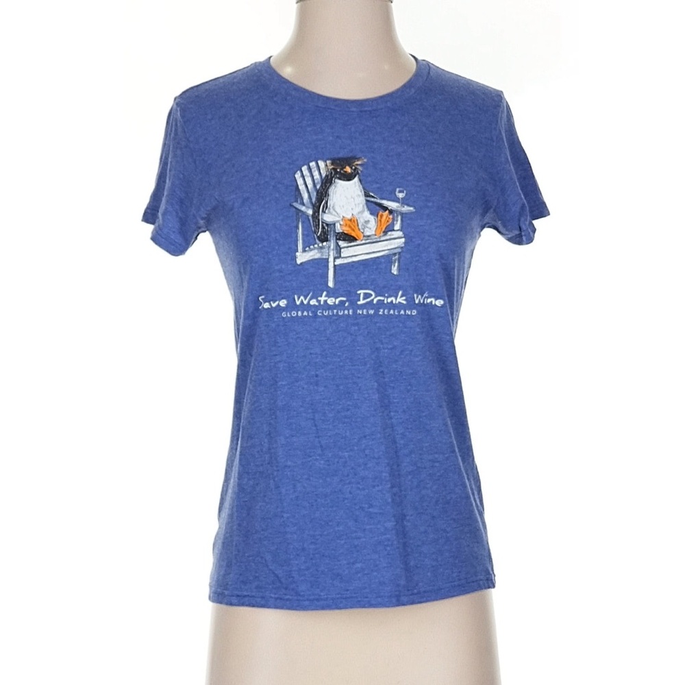 Global Culture NZ Blue Graphic Yellow-eyed Penguin and Wine Women's T-Shirt